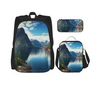 AABSTBFM Ensemble sac à dos d'école imprimé lotus rose avec sac à déjeuner et trousse à crayons, sac de voyage 3 pièces, Norvège Fjord Nature Cape, Taille unique, Sacs à dos de jour