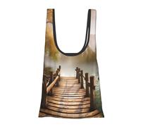 AABSTBFM Grand sac fourre-tout réutilisable et imperméable avec imprimé arbre de Noël avec boule, Scène de pont en bois, Taille unique