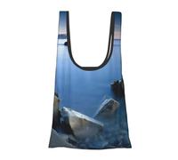 AABSTBFM Grand sac fourre-tout réutilisable et imperméable avec imprimé de feuilles de sapin et de sapin, Mer calme et rochers, Taille unique