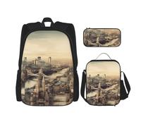 AABSTBFM House Trees Ensemble de 3 sacs à dos d'école avec sac à déjeuner et trousse à crayons Motif flocons de neige, Célèbre paysage urbain, Taille unique, Sacs à dos de jour