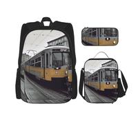 AABSTBFM Lot de 3 sacs à dos d'école avec sac à déjeuner et trousse à crayons - Motif pingouin mignon, Train urbain, Taille unique, Sacs à dos de jour