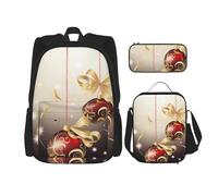 AABSTBFM Lot de 3 sacs à dos d'école imprimés en zigzag avec sac à déjeuner et trousse à crayons, sac à dos de voyage, Boules de Noël avec rubans tourbillonnants et étoiles, Taille unique, Sacs à dos