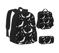 AABSTBFM Lot de 3 sacs d'école avec sac à déjeuner, trousse à crayons, sac à dos pour ordinateur portable, sac d'école, Chauve-souris volante pour Halloween, Taille unique, Sac à dos d'école