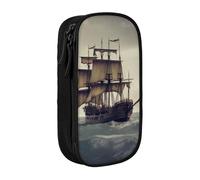 AABSTBFM Old Pirate Ship in The Sea Trousse à crayons avec compartiment à crayons et fermeture éclair pour l'école, le bureau, les voyages, noir, Noir , Taille unique, Cartable