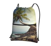 AABSTBFM Sac à dos léger avec cordon de serrage imprimé soleil rouge pour le sport, la gym, les voyages, le shopping, l'école, Palmier rive rocheuse, taille unique