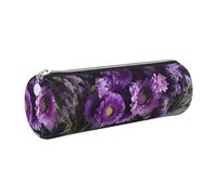 AABSTBFM Trousse à crayons ronde en cuir avec fermeture éclair dorée pour l'école, le bureau et les voyages Motif bouquets de fleurs violettes, Argenté., Taille unique, Cartable