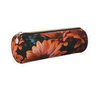 AABSTBFM Trousse à crayons ronde en cuir avec imprimé chrysanthème orange et doré avec fermeture éclair pour l'école, le bureau et les voyages, doré, Taille unique, Cartable