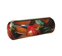 AABSTBFM Trousse ronde en bois avec imprimé violon et rose - Jolie trousse à crayons en cuir doré avec fermeture éclair pour l'école, le bureau et les voyages, doré, Taille unique, Cartable