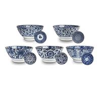 AAF Nommel ®, Lot de 5 bols à riz japonais Ø 18 cm en porcelaine japonaise en 5 motifs différents, n° 85, blanc/bleu