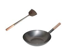 AAF Nommel ®, Set wok avec poêle Ø 30 cm fond plat en acier carbone + spatule wok en acier inoxydable 43 cm de long avec manche en bois pour cuisinière à gaz, électrique, vitrocéramique et induction