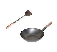 AAF Nommel ®, Set wok avec poêle Ø 36 cm fond plat en acier carbone + spatule wok en acier inoxydable 43 cm de long avec manche en bois pour cuisinière à gaz, électrique, vitrocéramique et induction