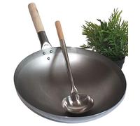 AAF Nommel ®, Wok Set Poêle à gaz et à induction Ø 36 cm Fond rond en acier carbone + louche wok en acier inoxydable 44 cm de long avec manche en bois
