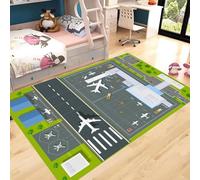 AAFUOO Tapis Chambre 100x200cm Tapis Motif Aéroport, Tapis de Jeu pour Enfant, Tapis Salon Lavable, Gris Vert Antidérapant à Poils Courts Tapis Doux Descente De Lit Chambre, Enfant Room Decoration