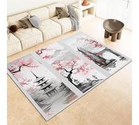 AAFUOO Tapis de Salon 80x120cm Style Oriental Japonais Pagode Fleurs De Cerisier Peinture à l'encre Tapis de Zone, Tapis Doux Poils Courts Moderne Antidérapant Grand Tapis pour Salon, Chambre Rose