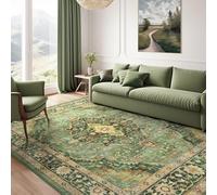 AAFUOO Tapis Vert, Tapis pour Salon, Chambre à Coucher, Tapis Oriental Vintage Lavable, Grand Tapis antidérapant, Tapis d'intérieur Neutre Vieilli pour Salle à Manger (Bordure) 200 x 290 cm