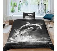 AAHARYA Housse De Couette Dauphin, Parure De Lit Noir et Blanc, Impression Numérique 3D, Microfibre, Fermeture Éclair Hypoallergénique Single（135x200cm）