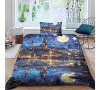 AAHARYA Night Scene Parure De Lit Motif Paysage Oil Painting 3D,en Microfibre Douce Parure De Lit avec Housse De Couette Et Taies d'oreiller,Ensemble De Literie pour Enfants Adultes Single（135x200cm）