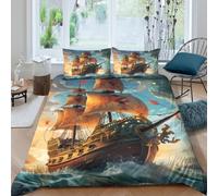 AAHARYA Parure de lit 3D Bateau Pirate Microfibre Chambre Ado | Double（200x200cm）doux hypoallergénique fermeture éclair entretien facile couleurs vives durable déco chambre cadeau