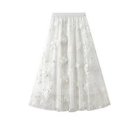 AAIXXIZAO Mini Jupe Crayon Courte Sexy Jupe en Maille Brodée Florale pour Femme Fleur Jacquard Casual Taille Haute Jupe Longue Swing Tulle Jupes Streetwear Taille Unique Blanc