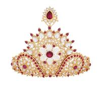 AakarShana Jewels Diadème décoratif en forme de temple traditionnel, doré avec cristaux rouge rubis et pierres blanches nacrées, 9,9 x 8,4 cm