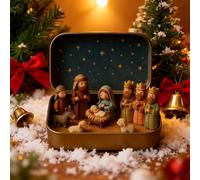 Aakluk Figurine de crèche de Noël faite à la main - Mini ensemble de crèche de Noël dans une boîte en métal - Décoration de figurines Sainte Famille Moutons et Jésus - Pour la maison, le bureau, la