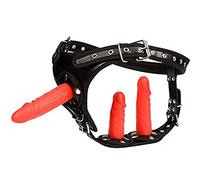 AAKOMA Gode ceinture rouge à sangle noire avec ceinture harnais 3 godes en silicone amovibles, harnais de taille réglable G Spot Stimuler Gode Sex Toy pour les couples (rallonger)