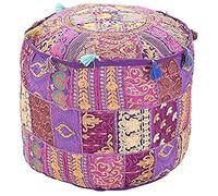Aakriti Gallery Housse de Pouf brodée Repose-Pieds en Coton Indien Rond - Housse de Pouf Ottoman - Housse Uniquement (45,7 x 33 cm) (Violet, 46 x 33 cm)