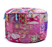 Aakriti Indian Pouf Footstool with Embroidery Pouf, Indian Cotton, Pouf, Ottoman Pouf Cover with Ethnic Decor Art - Cover (Pink, 46x33 cms)