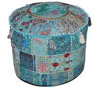 Aakriti Gallery - Housse pour pouf repose-pieds - Style ethnique indien - Brodée - En coton indien - Rond - Décoration artistique - 55,9 x 35,6 cm