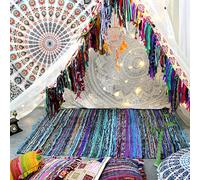 Aakriti Gallery Tapis chindi Indien - Fait à la Main avec des Bouts de Tissu Multicolores recyclés - Tapis décoratif Style Boho - 150 x 90 cm (Turquoise)