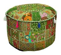 Aakriti Indian Pouf Footstool with Embroidery Pouf, Indian Cotton, Pouf, Ottoman Pouf Cover with Ethnic Decor Art - Cover (Green, 46x33 cms)