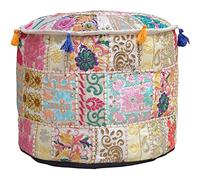 Aakriti Indian Pouf Footstool with Embroidery Pouf, Indian Cotton, Pouf, Ottoman Pouf Cover with Ethnic Decor Art - Cover (Beige, 56x35 cms)