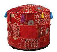 Aakriti Indian Pouf Footstool with Embroidery Pouf, Indian Cotton, Pouf, Ottoman Pouf Cover with Ethnic Decor Art - Cover (Red, 46x33 cms)