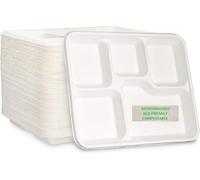 aaksh 555 Lot de 25 grandes assiettes jetables solides à 5 compartiments pour déjeuner et dîner, 30 x 20 x 5 cm, respectueuses de l'environnement et biodégradables pour aliments chauds et froids,
