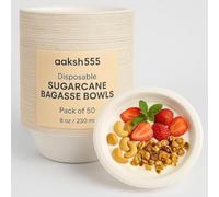 aaksh 555 Lot de 50 bols jetables solides de 230 ml, biodégradables, respectueux de l'environnement, grands bols solides pour aliments chauds et froids, soupe, desserts, salades, passent au