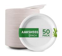 aaksh 555 Lot de 50 grandes assiettes jetables solides de 22,9 cm, respectueuses de l'environnement, biodégradables, jetables, en fibre de canne à sucre, compostables, passent au micro-ondes pour