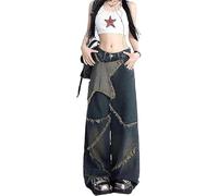 AALLYN Y2k Vintage Star Straight Wide Leg Jeans Taille Haute Baggy Hip Hop Streetwear Denim Pants(Size:Moyen,Color:Bleu)