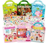 Aannanl 6 Pièces Livres Gommettes Enfants 2 3 4 Ans,Autocollant Réutilisable Gonflés incorporer Fées, Château de Princesse, Animal de Compagnie, Déguisement, Sirène Stickers Activité Enfant
