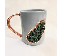 AANTHROPOLOGY By Rhea Lot de 2 grandes tasses à café/thé/jus/boisson en céramique gris et doré avec cristal d'agate semi-précieux vert foncé | 355 ml (finition or rose)