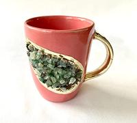 AANTHROPOLOGY By Rhea Lot de 2 tasses à café/thé en céramique rose et doré avec pierres semi-précieuses en cristal d'agate vert clair | 236,8 g (finition dorée)