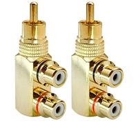 AAOTOKK Angle Droit RCA Adaptateur de Séparateur en Y, Plaqué Or 90 Degrés RCA Mâle vers 2 RCA Femelle Jack Audio Vidéo Splitter en Y Adaptateurs TV AV Connecteur Métallique (2 Pack/1 à 2)