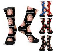 AAQ Chaussette Personnalisé Photo - Chaussettes Cadeau Original avec Visage - Pour Couple, Saint-Valentin, Fête des Amoureux - Cadeau Drôle et Unique (Grosse tête + texte)