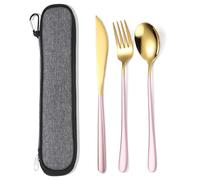 AARAINBOW Ensemble de couverts pour 1 personne - 3 pièces - Poli miroir - Portable - En acier inoxydable - Couverts de voyage - Fourchette - Cuillère avec sac - Passe au lave-vaisselle (rose doré)