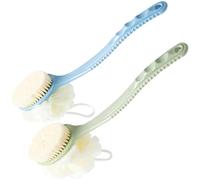 AARainbow Lot de 2 brosses de douche pour le corps avec poils et luffa, éponge en maille avec long manche incurvé pour exfoliation de la peau, poils de massage pour homme et femme (1 bleu + 1 vert)