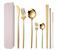 AARainbow Lot de 8 couverts en acier inoxydable réutilisables et portables avec baguettes, couteau, fourchette, cuillère, brosse de nettoyage, passe au lave-vaisselle (doré)