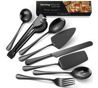 AARAINBOW Lot de 8 grands ustensiles de service en métal pour fêtes, cuillères, fourchettes, pinces et louches pour buffet, restauration, chefs d'hôtesse, noir mat