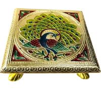 AARNAV Table basse Bajath Bajot Chowki fabriquée à la main pour temple dieu, lampe ou vase ou puja hindou en laiton Minakari (Minakari en laiton 15,2 x 15,2 cm)