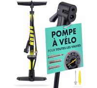 AARON Sport One Pompe à pied pour vélo avec manomètre pour toutes les valves | Pompe à vélo haute pression avec embout de balle | Pompe à air pour vélo électrique, VTT, vélo de route, etc. Jaune