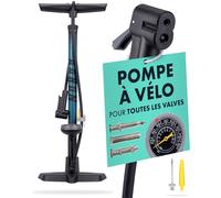 AARON Sport One Pompe à vélo avec manomètre pour toutes les valves | Pompe à vélo haute pression avec embout à ballon | Pompe à air pour vélo électrique, VTT, vélo de route, etc. Bleu