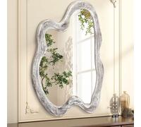 AAZZKANG Grand miroir mural irrégulier en bois 60 x 40 cm asymétrique décoratif rustique à suspendre pour chambre à coucher, dressing, salon, salle de bain, entrée Blanc